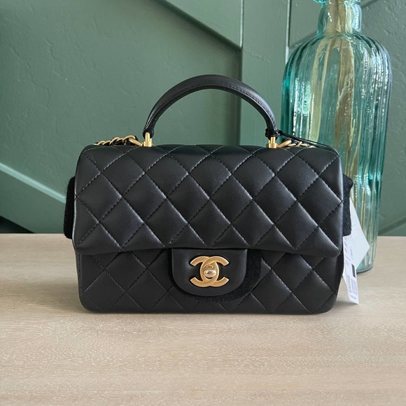CHANEL Handbags - ❌SOLD❌Mint Chanel Mini Top Handle Black Lambskin Gold HW 21A